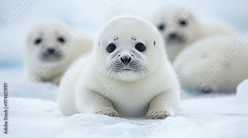 A White Seal Pup Resting on Ice with Blurred Seals in Background