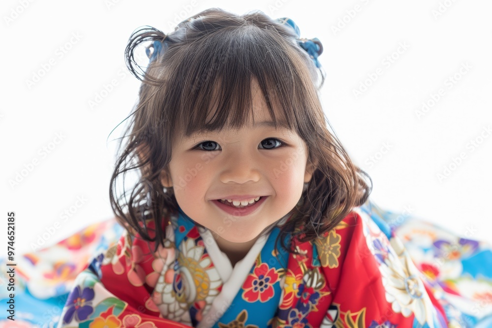 A cute Japanese girl wearing a high-contrast colorful kimono and a random hairstyle poses against a white background. A cute Japanese girl wearing a high-contrast colorful kimono and a random hairstyle poses against a white background.