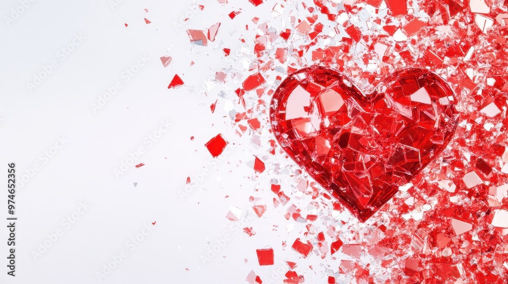 A shattered red glass heart breaking into pieces, isolated on white. Concept: Broken love and heartache. A shattered red glass heart breaking into pieces, isolated on white. Concept: Broken love and heartache.