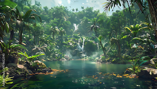 tropical rain forest jungle sean and a small pond in the center