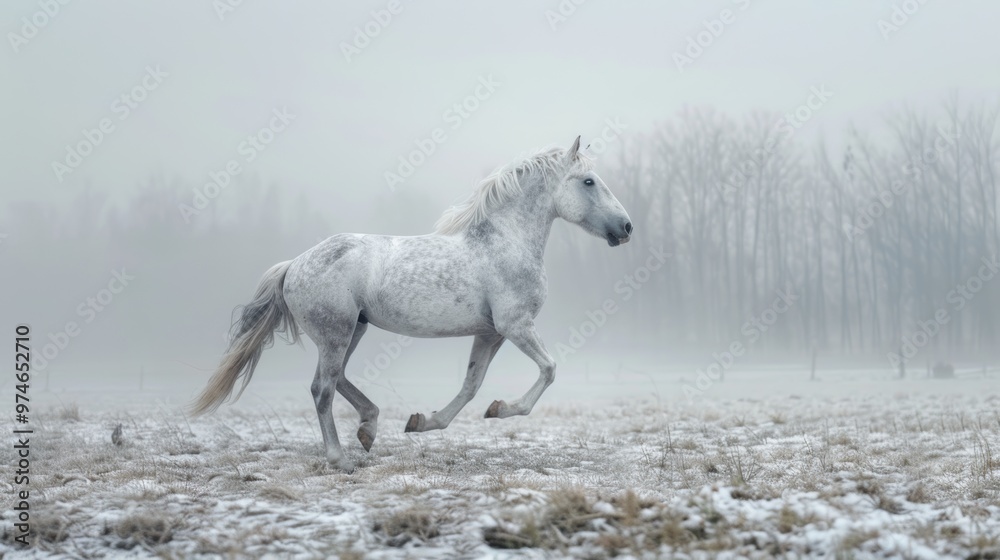 Fototapeta premium white horse gallops through the pristine snow of a winter field, embodying beauty and freedom.
