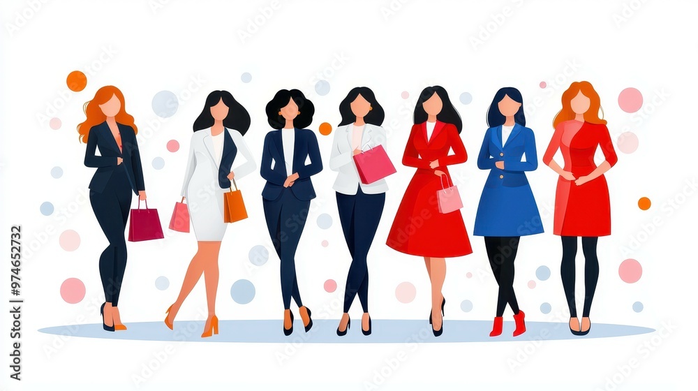 Group of stylish women in fashionable outfits holding bags, showcasing confidence.