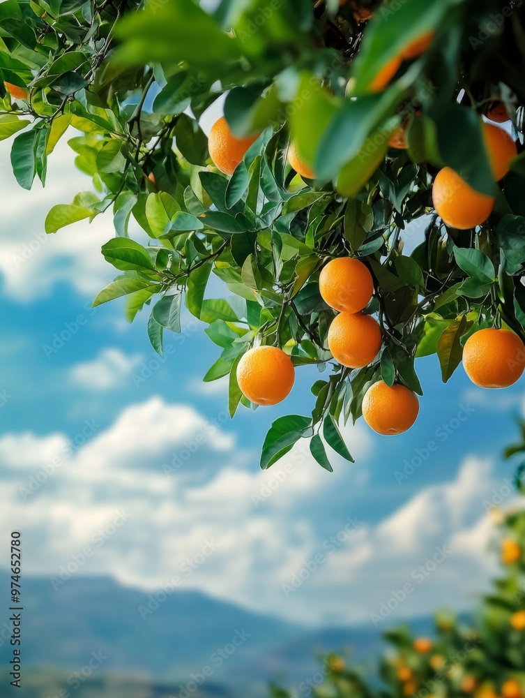 A picturesque image of a vibrant orange tree with ripe oranges hanging from its branches, set against a clear blue sky with scattered white clouds in a serene landscape. A picturesque image of a vibrant orange tree with ripe oranges hanging from its branches, set against a clear blue sky with scattered white clouds in a serene landscape.
