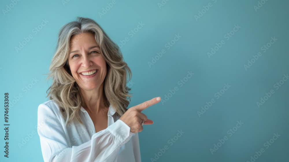 Smiling woman with long wavy hair points to the right against a light blue background in a casual setting Smiling woman with long wavy hair points to the right against a light blue background in a casual setting