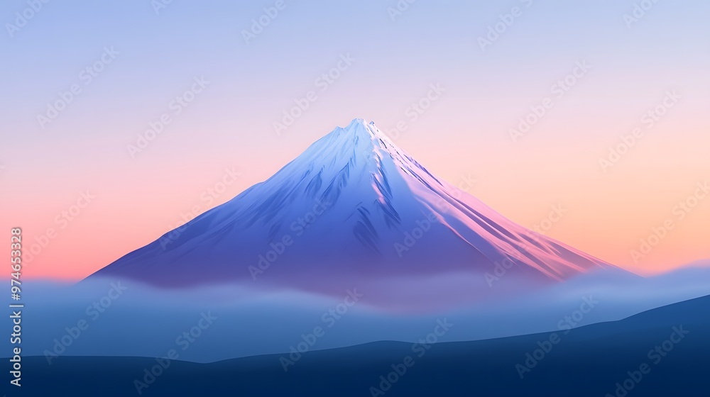Fototapeta premium An animated mountain peak with snow on the top, set against a gradient sky in shades of blue and purple