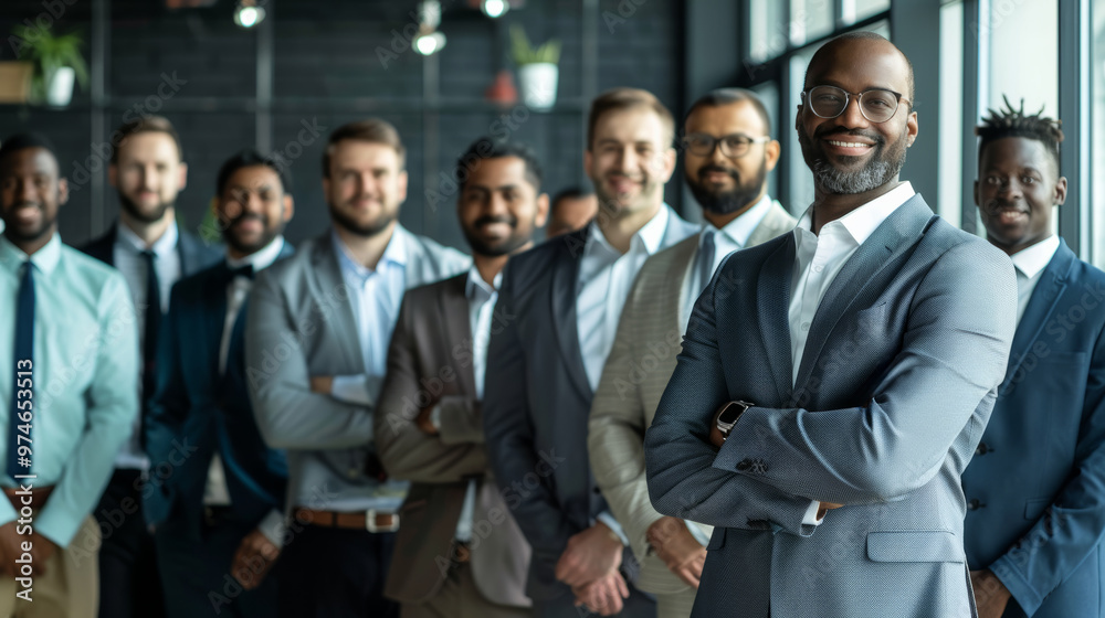 A confident middle-aged black businessman stands with his team in a modern office, symbolizing leadership and collaboration. A confident middle-aged black businessman stands with his team in a modern office, symbolizing leadership and collaboration.