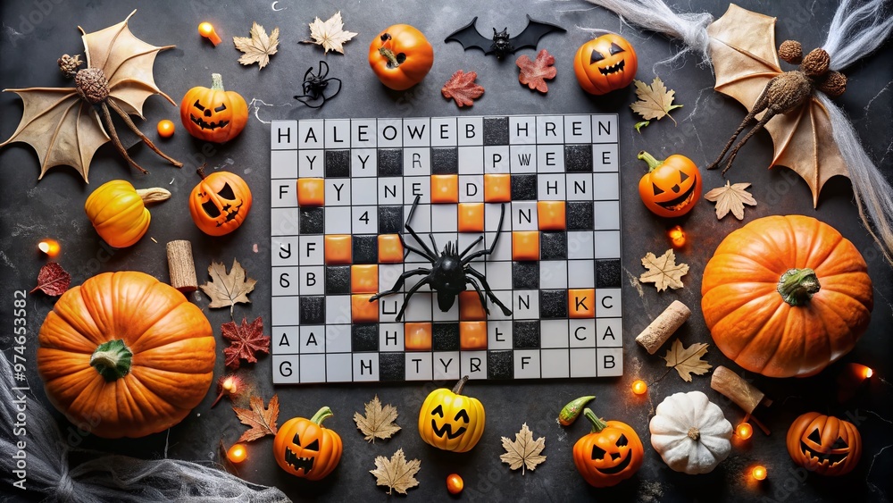 Spooky Halloween themed crossword puzzle with orange and black letters Spooky Halloween themed crossword puzzle with orange and black letters