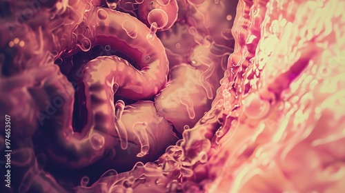 A view of the gastric mucosa. The gastric mucosa has a unique texture and appearance. It might show folds and ridges. There could be a moist look to it photo