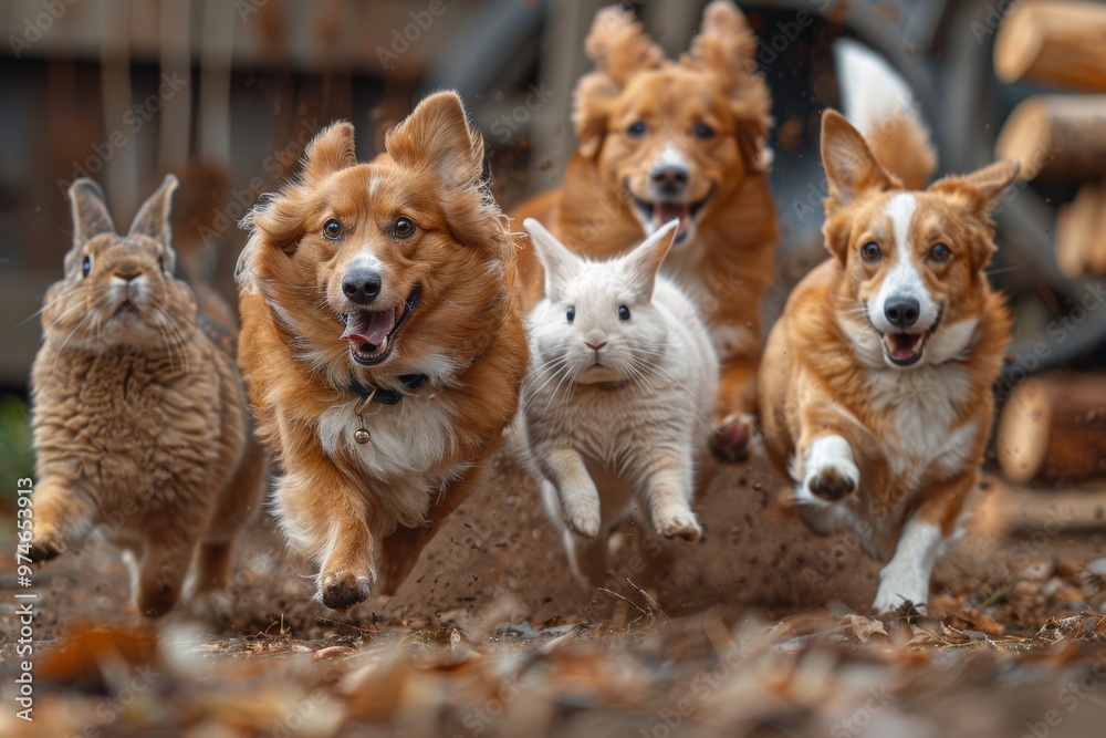 Dogs and rabbits run side by side on a dirt path, their faces beaming with joy and excitement. The image highlights the playful energy and camaraderie of these animals outdoors. Dogs and rabbits run side by side on a dirt path, their faces beaming with joy and excitement. The image highlights the playful energy and camaraderie of these animals outdoors.