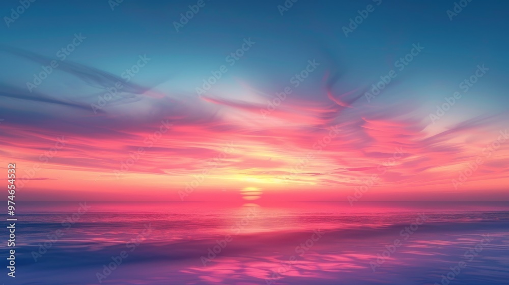 Fototapeta premium Minimalist Background: Dramatic Sunset Over a Beach Horizon with Soft Blue and Red Gradients 