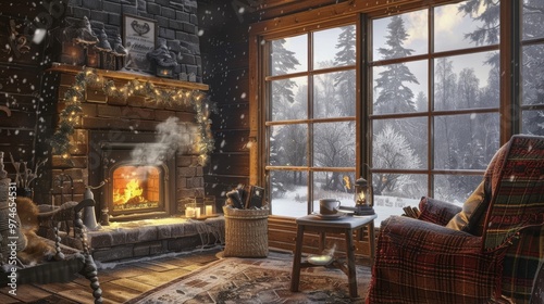 Cozy winter retreat a cabin in the woods with a fireplace and hot cocoa amidst falling snowflakes