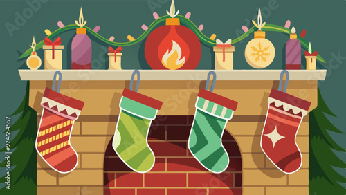 Cozy Stockings Hanging on Fireplace Mantle, Holiday Decor Illustration
