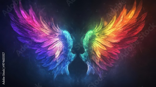 dramatic angel wings rendered in vibrant rainbow colors emerging from darkness ethereal glow intricate feather details spiritual symbolism photo