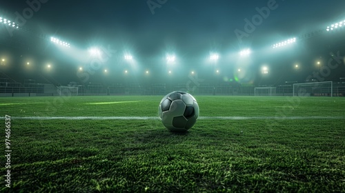 A soccer ball is on the field in front of a stadium