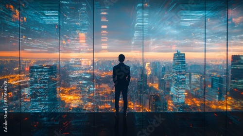 Businessman Looking at Cityscape with Digital Overlay.