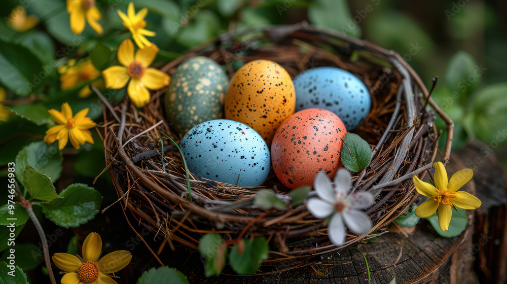Colorful Easter eggs nestled in a natural nest, celebrating the joy and vibrancy of spring festivities in a delightful display. Colorful Easter eggs nestled in a natural nest, celebrating the joy and vibrancy of spring festivities in a delightful display.