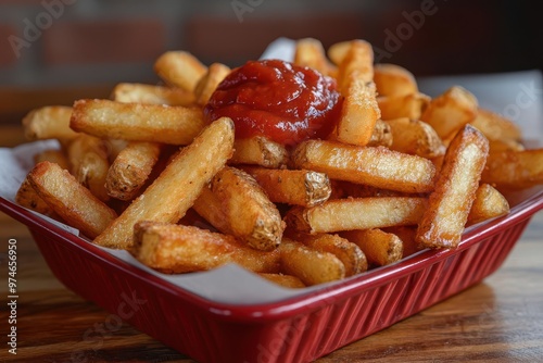 golden crispy french fries piled high in a retro dinerstyle red basket with a dollop of rich red ketchup warm lighting enhancing texture photo