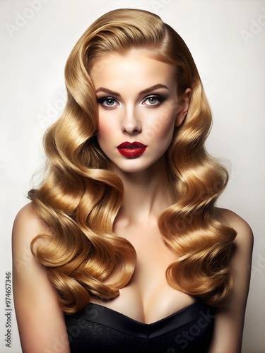 
female model with long wavy honey blonde hair with sun-kissed highlights styled in large Hollywood waves creating a fiery evening look, against white background photo