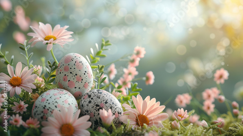 Easter eggs beautifully displayed in a garden setting, celebrating the vibrant joy of spring and the festive spirit of Easter.