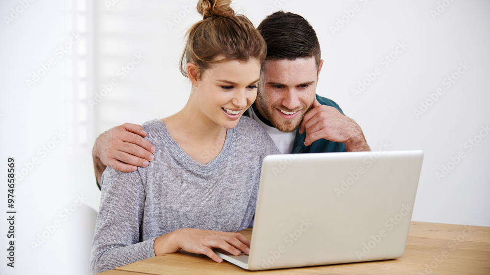 Smile, home or couple on laptop for choice, reading online article on interior design website. Hug, house rental option or happy people typing on technology for renovation research, mortgage or loan Smile, home or couple on laptop for choice, reading online article on interior design website. Hug, house rental option or happy people typing on technology for renovation research, mortgage or loan