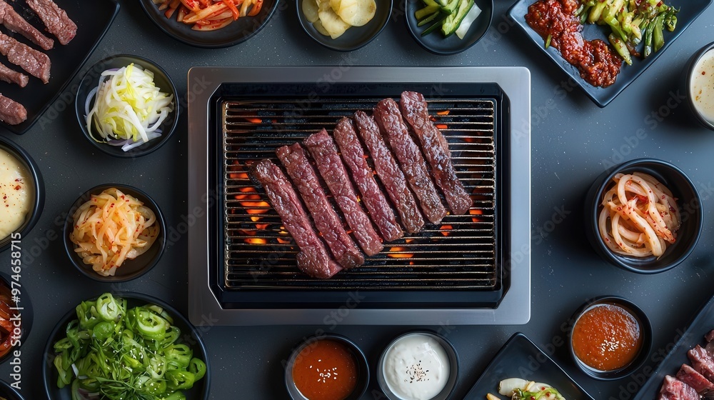 Stylish Korean BBQ restaurant interior with a focus on the grill embedded in the table Beef is being cooked