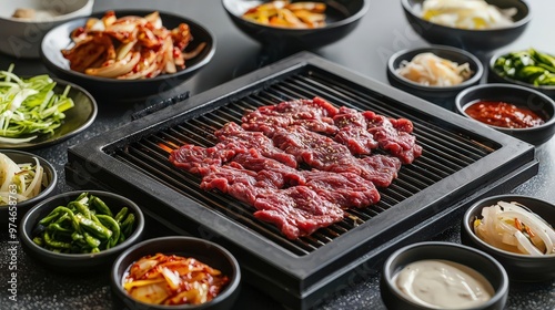 Stylish Korean BBQ restaurant interior with a focus on the grill embedded in the table Beef is being cooked