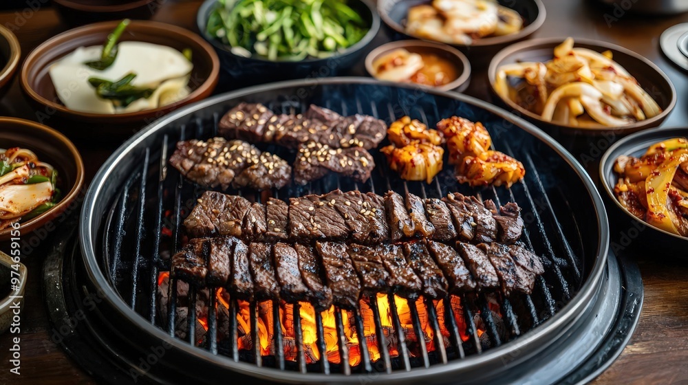A traditional Korean BBQ setup with beef and side dishes arranged in a symmetrical A traditional Korean BBQ setup with beef and side dishes arranged in a symmetrical
