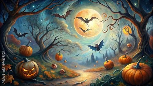 Spooky yet whimsical oil painting depicts a crescent moonlit night scene with bats, spiders, and pumpkins amidst a mystical swirl of autumnal colors and eerie shadows. photo