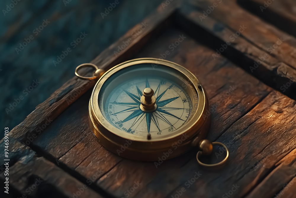 Antique compass on rustic wooden background with travel and navigation themes