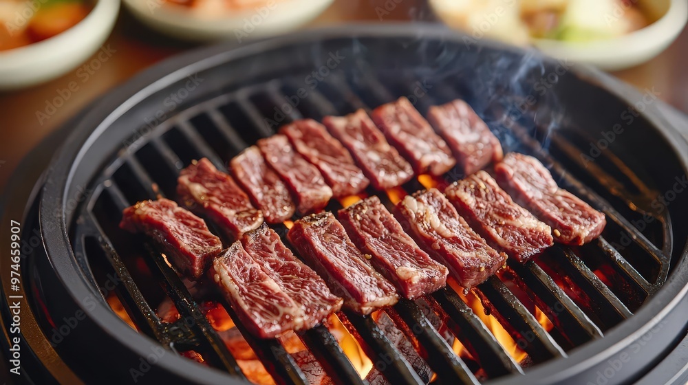 Closeup of thin slices of beef cooking on a Korean BBQ grill Closeup of thin slices of beef cooking on a Korean BBQ grill