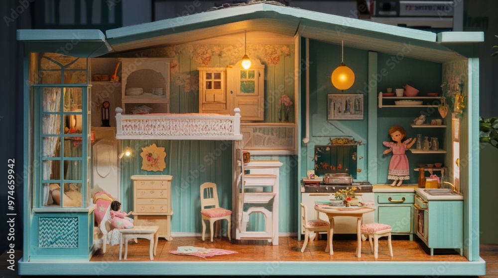 A 3D dollhouse with miniature furniture and dolls, set up for imaginative play - A 3D dollhouse with miniature furniture and dolls, set up for imaginative play -