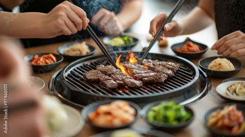 Friends enjoying a Korean BBQ meal in a modern restaurant