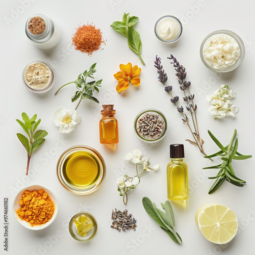 herbs oils flowers natural organic aromatherapy essential skincare ingredients botanicals lavender lemon sage rosemary wellness beauty health spa alternative 