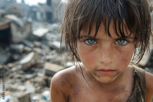 haunting portrait of refugee child eyes reflecting hardship beyond years bombedout cityscape looms in background symbolizing loss and resilience photo