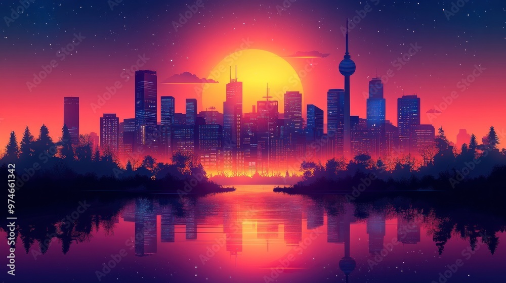 Vibrant city skyline at sunset reflected in calm waters. Vibrant city skyline at sunset reflected in calm waters.