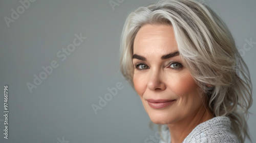 Woman with silver hair smiles warmly, showcasing natural beauty and confidence in soft light indoors photo