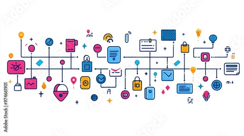 Colorful digital icons representing technology and communication concepts.