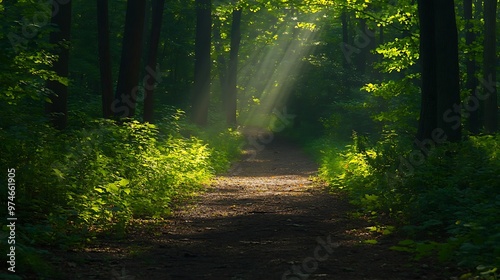 Tranquil Forest Pathway Bathed in Gentle Light Surrounded by Lush Greenery