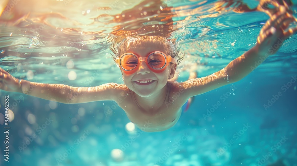 Naklejka premium Cute smiling child having fun swimming and diving in the pool at the resort on summer vacation. Sun shines under water and sparkling water reflection. Activities and sports to happy kid