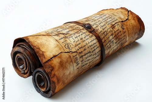 highly detailed 3d render of an ancient parchment scroll unfurling to reveal mysterious text and symbols isolated on a pure white background