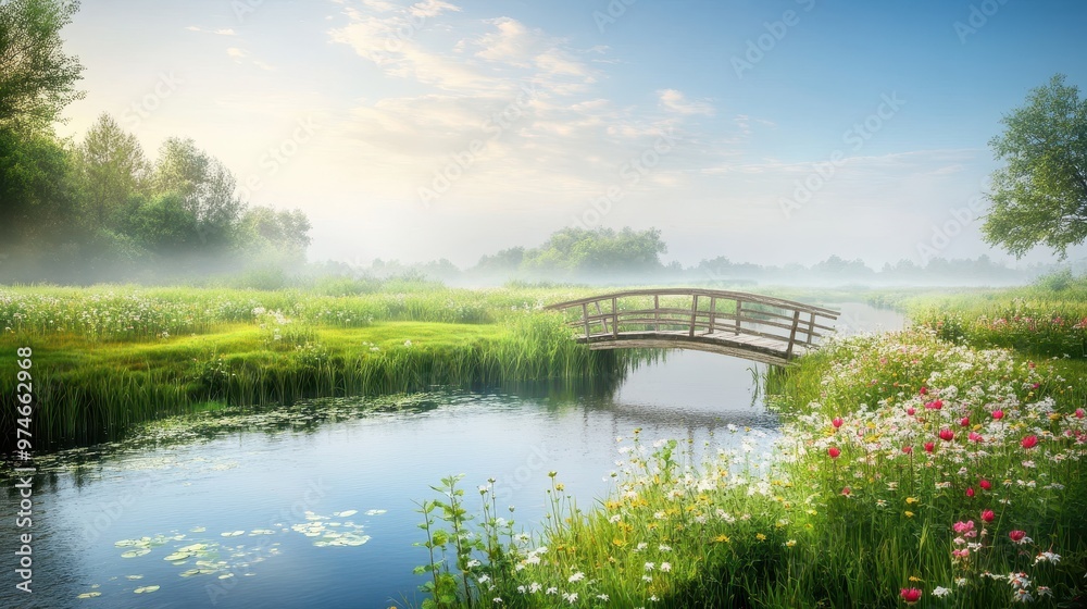 A serene landscape featuring a bridge over a tranquil river surrounded by lush greenery and flowers. A serene landscape featuring a bridge over a tranquil river surrounded by lush greenery and flowers.