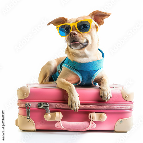 dog suitcase sunglasses travel pet vacation pink suitcase packing fun summer trip animal luggage playful cute holiday relaxation adventure journey style