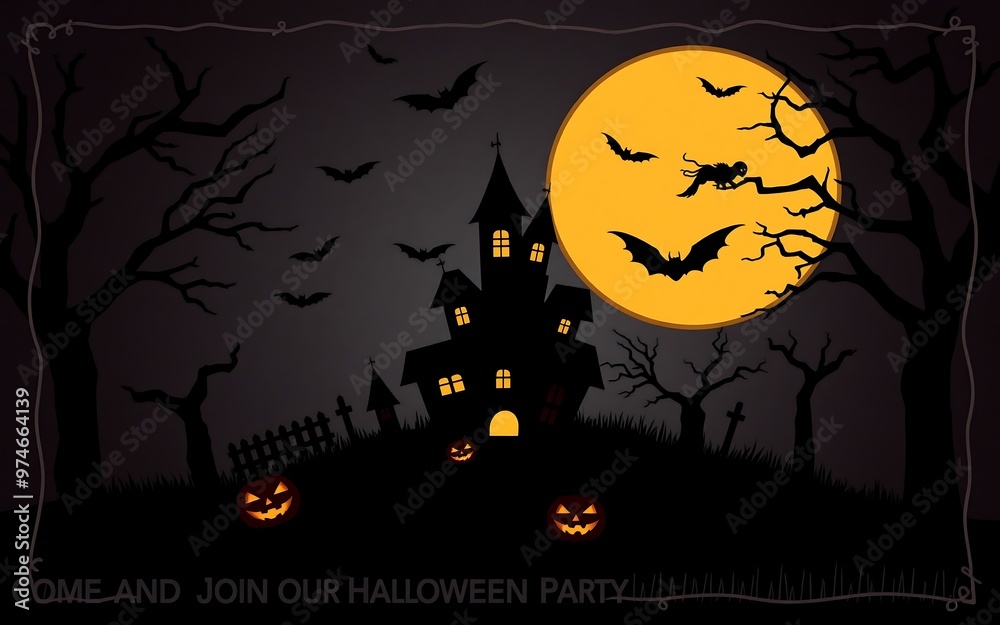 Black haunted house, yellow moon, spooky Halloween party invitation. 
