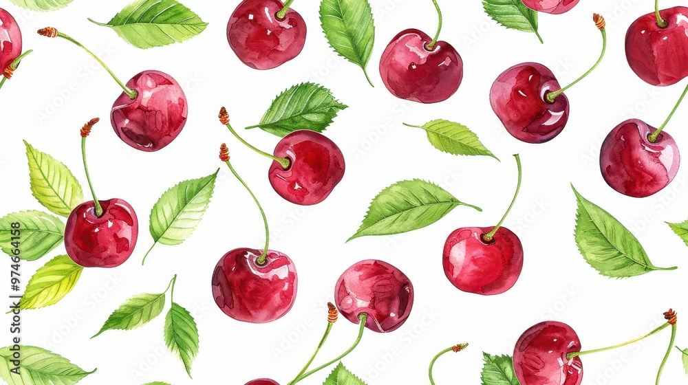Seamless pattern of watercolor cherries with green leaves on a white background. Fresh and artistic fruit design. Seamless pattern of watercolor cherries with green leaves on a white background. Fresh and artistic fruit design.