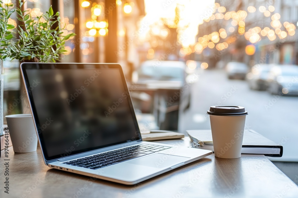 Fototapeta premium laptop on the working table, coffee cup on table. outside window have blurr background of field