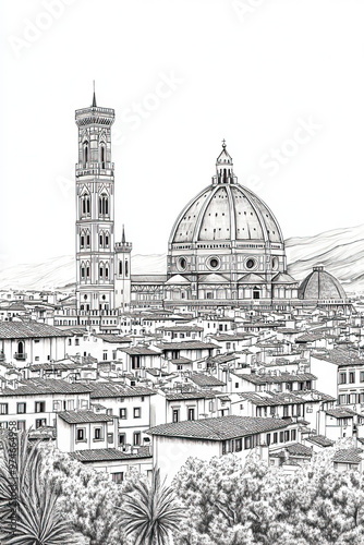 Florence, Italy, black and white pen pencil hand-drawn effect portrait drawing illustration for travel poster, card, wallpaper, backdrop or banner. Modern, clear, artistic and simple