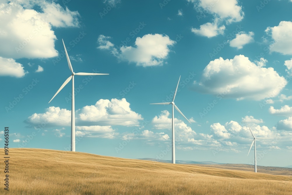 Dramatic Wind Turbines Standing Tall Against a Vivid Blue Sky Filled with Fluffy White Clouds Dramatic Wind Turbines Standing Tall Against a Vivid Blue Sky Filled with Fluffy White Clouds