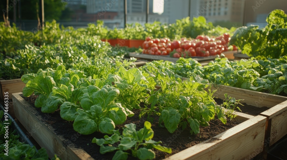 Lush Urban Community Garden Flourishes with Fresh Vegetables and Vibrant Greenery in Sunlight Lush Urban Community Garden Flourishes with Fresh Vegetables and Vibrant Greenery in Sunlight