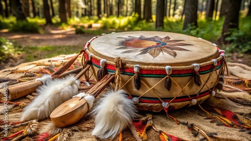 Traditional hand-painted deerskin drum adorned with feathers and ribbons lies on a woven blanket, surrounded by rustic woodlands, evoking a sense of ancient cultural heritage. photo