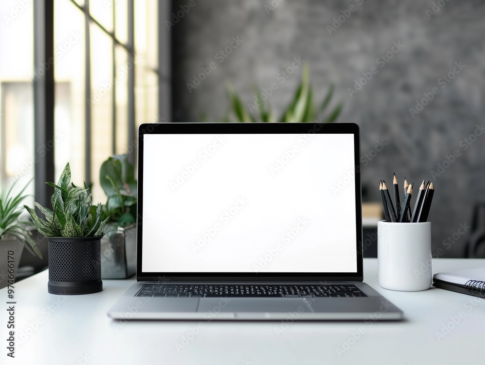 Fototapeta premium Laptop PC mock up template design on office workplace desk, white blank screen on modern workspace table. Business web technology setup in professional workspace for digital projects and online work.
